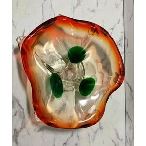 Murano Style Art Glass Bowl Candy Dish Red Orange Green Dot  13"